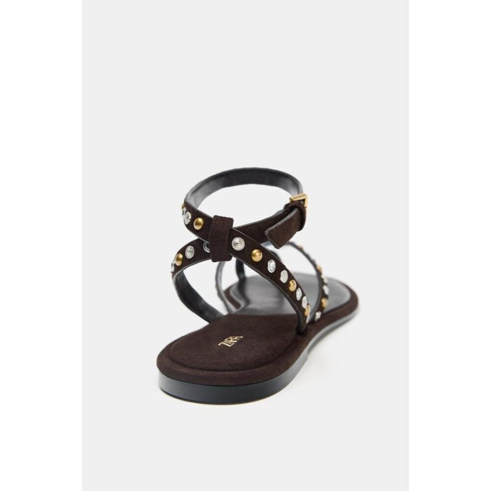 Zara Women Beaded Leather Sandals EU 41 US 10 Brown Ankle strap 1614/610 NWOB - Picture 4 of 11